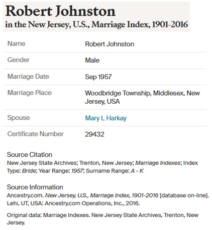 Robert Johnston and Mary Foley Marriage Index