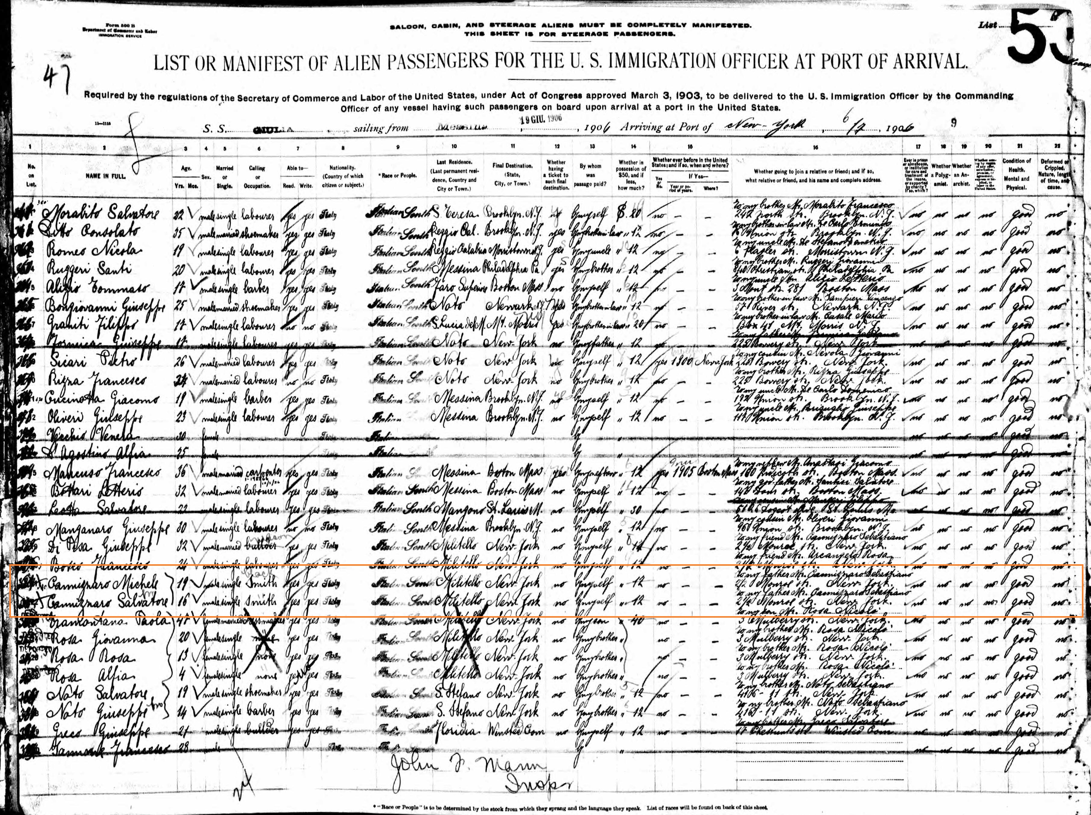 Salvatore and Michele Cannizzaro Immigration Records