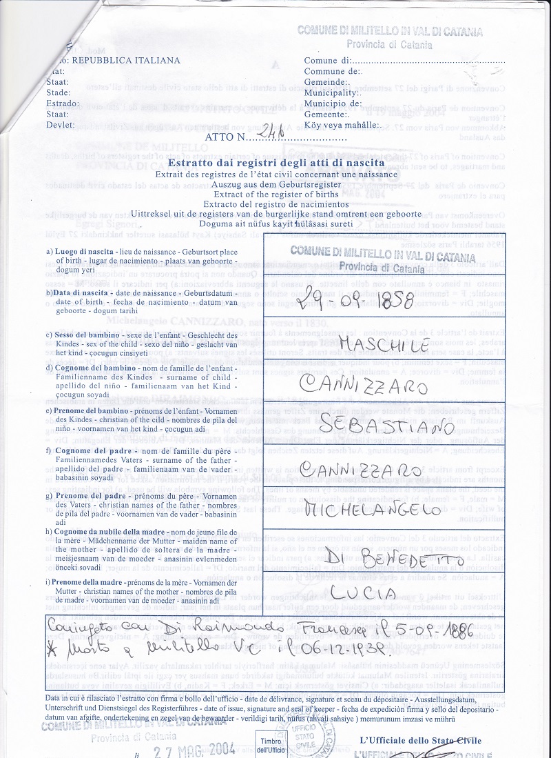 Sebastiano Cannizzaro Birth Extract