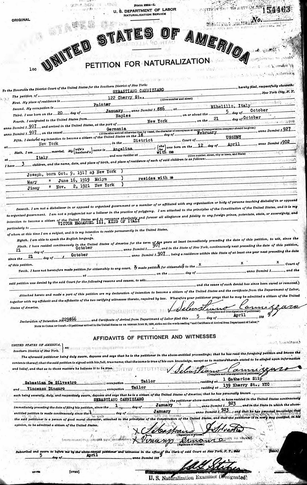 Sebastiano Cannizzaro Immigration and Naturalization Records