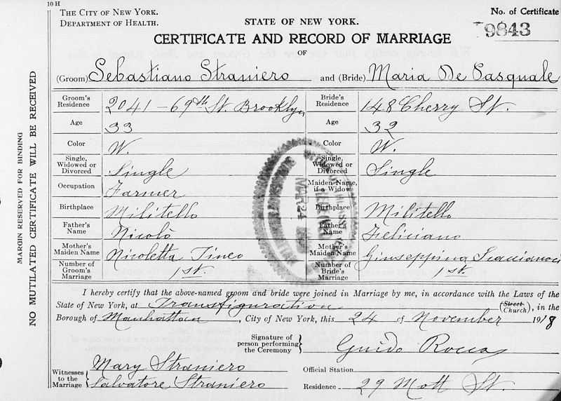 Sebastiano Straniero and Maria DePasquale Marriage Certificate